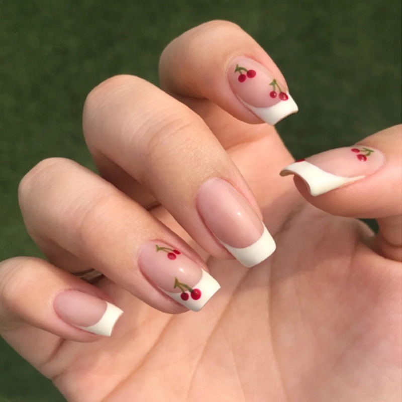 Nail Art Red Cherry - 24pcs White French Square Red Cherry