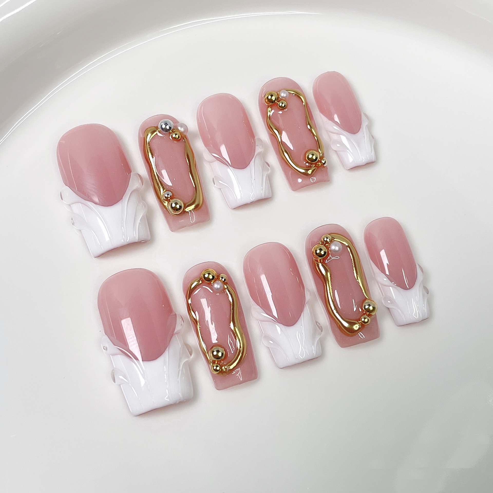 Nail Art Simple - 10Pcs Pink Simple Coffin Press on