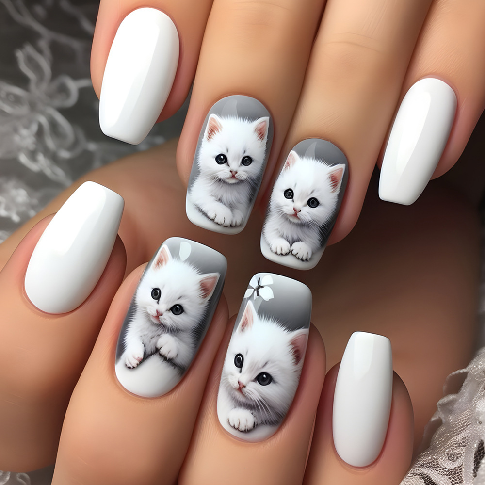 Nail Art Motif - 24Pcs Press on Nails Cute Cat