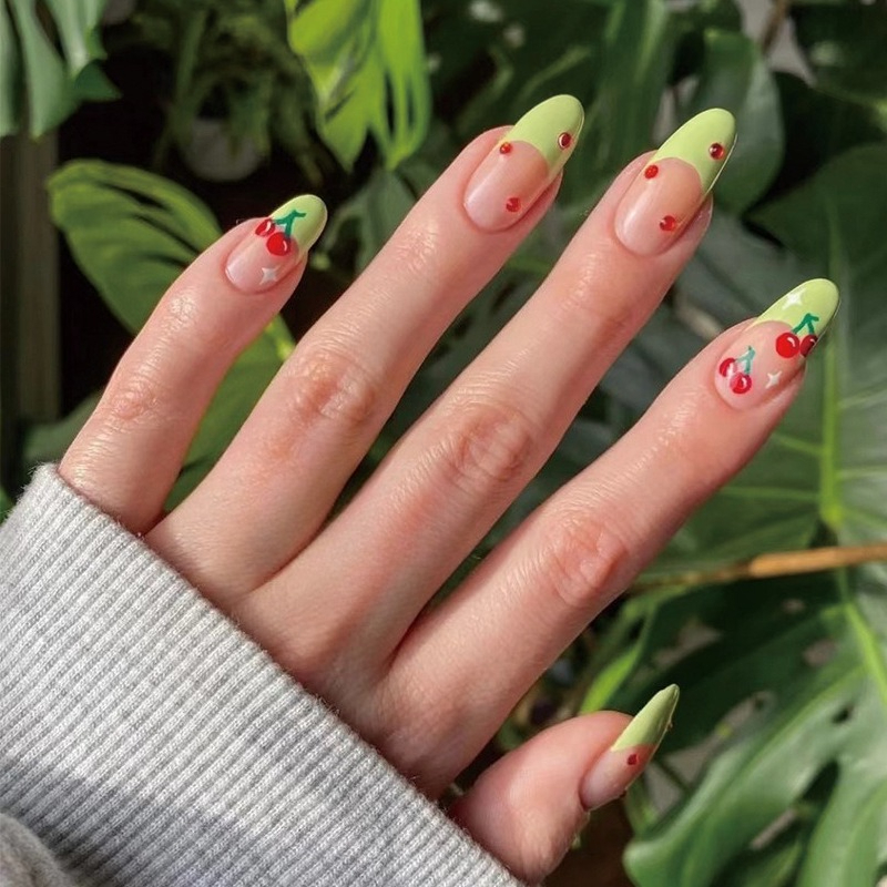 24Pcs French Almond False Nail - đánh giá và giá Nail Art Red Cherry