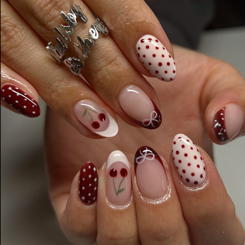 24PCS Fanshion Red French Pres - đánh giá và giá Nail Art Red Cherry