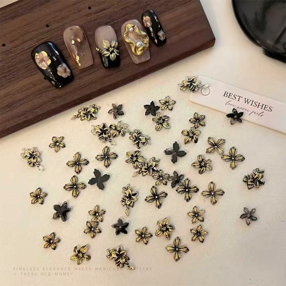 50pcs Black-Gold 3D Devil's Fl - đánh giá và giá Nail Art Old Money